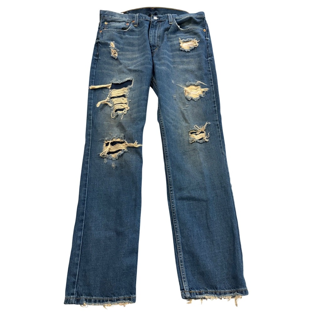 Levi's 511 Men's 36x32 Distressed Slim Fit Blue Jeans Ripped Raw Hem